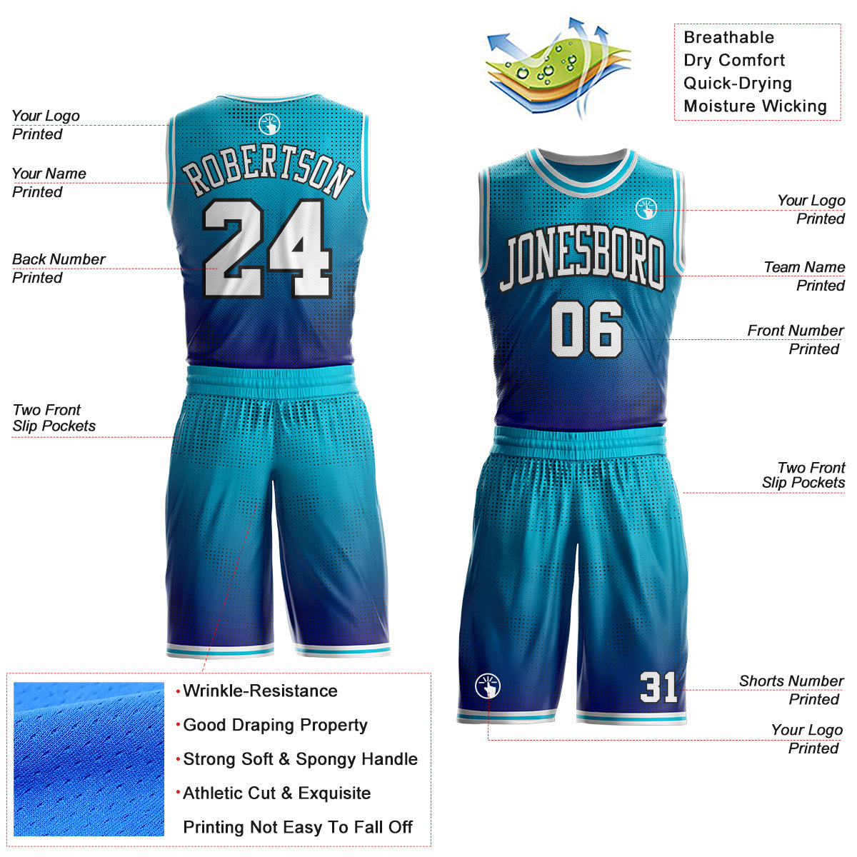 Custom Lakes Blue White Dark Purple-Black Gradient Dot Round Neck Sublimation Basketball Uniform Jersey view 2