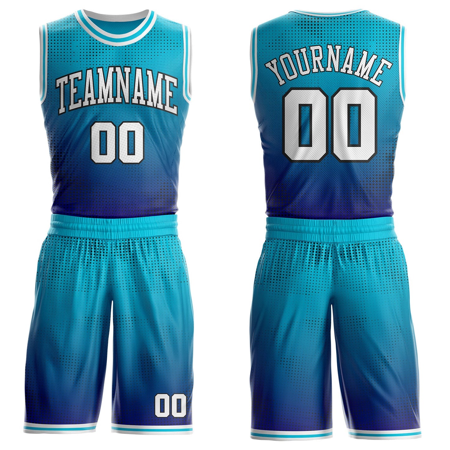Custom Lakes Blue White Dark Purple-Black Gradient Dot Round Neck Sublimation Basketball Uniform Jersey - Main View