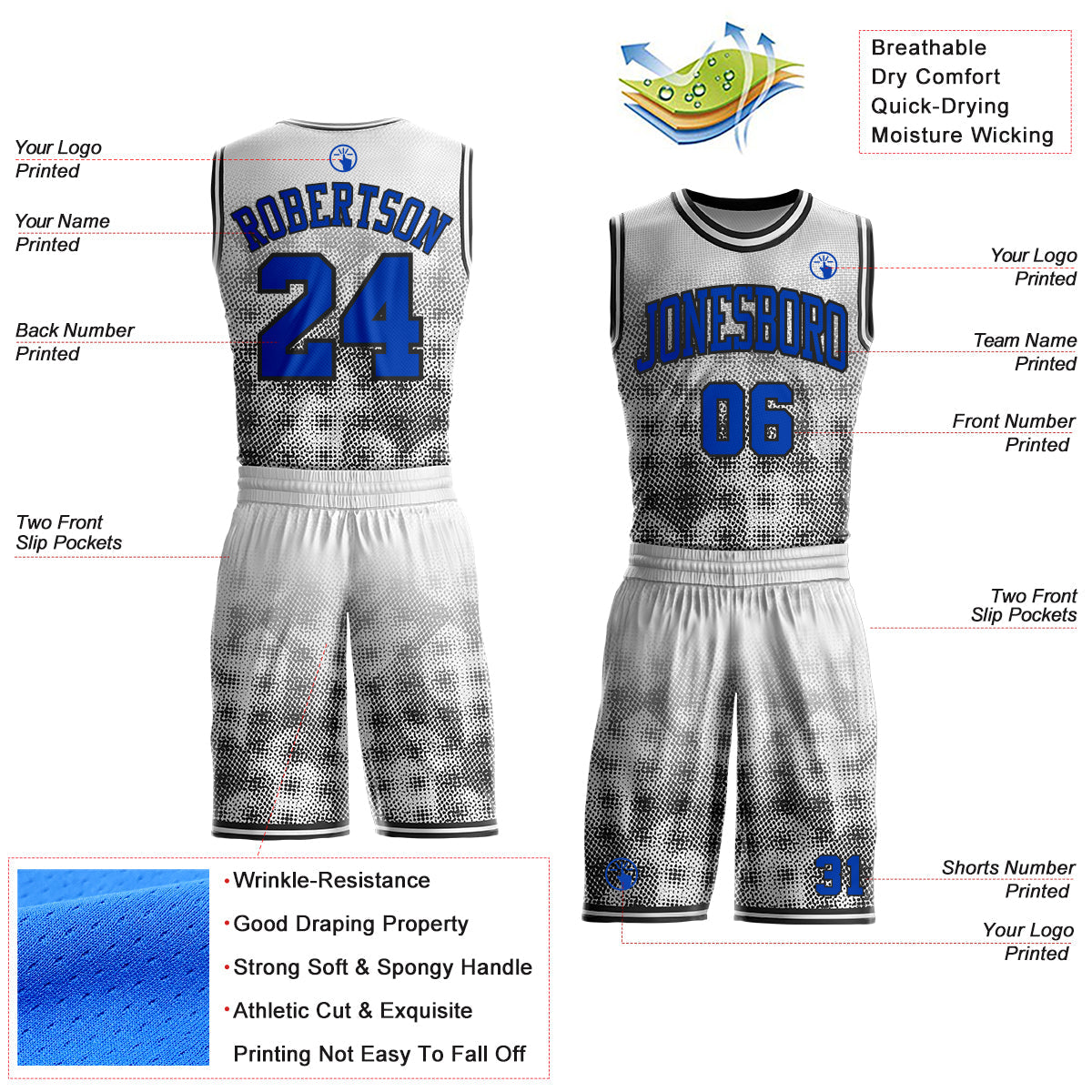 Custom White Thunder Blue-Black Gradient Dot Round Neck Sublimation Basketball Uniform Jersey view 2