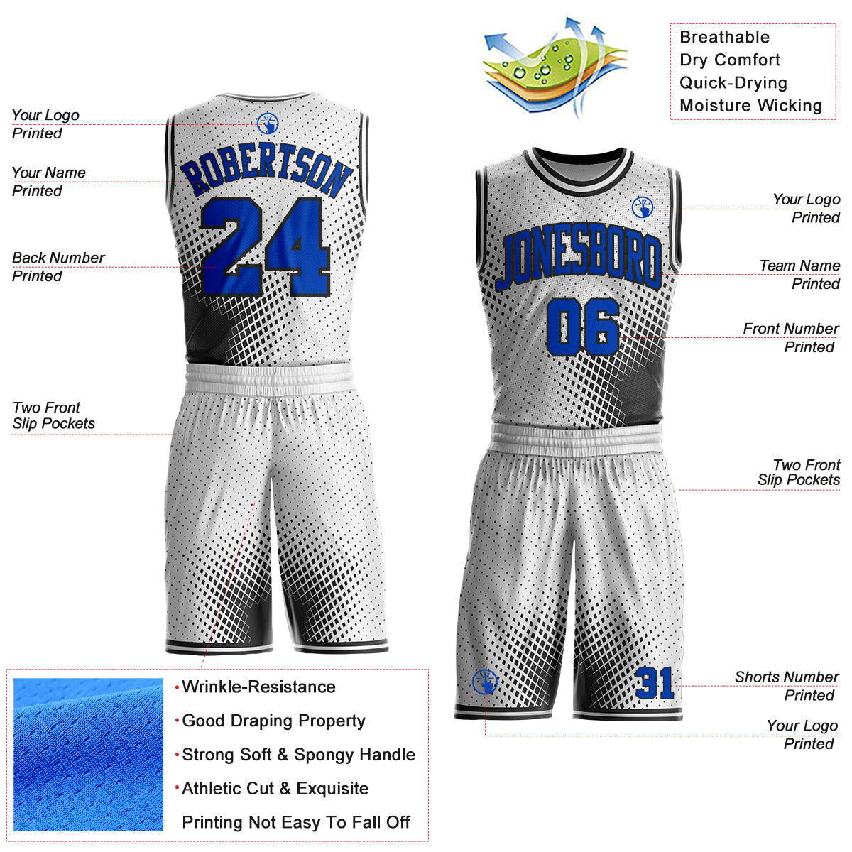 Custom White Thunder Blue-Black Gradient Dot Round Neck Sublimation Basketball Uniform Jersey view 2