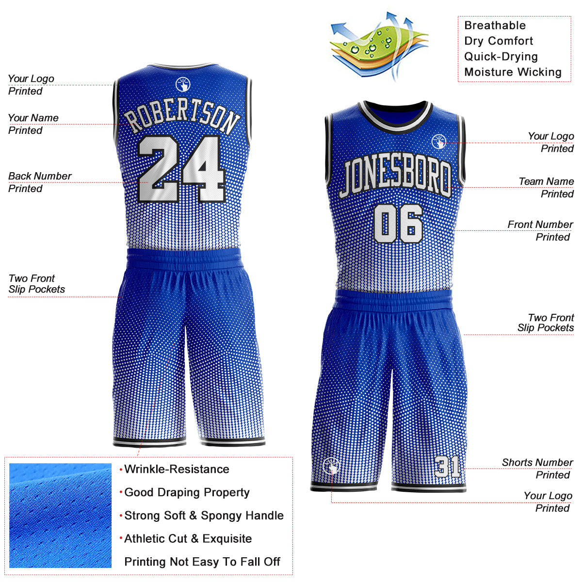 Custom Thunder Blue White-Black Gradient Dot Round Neck Sublimation Basketball Uniform Jersey view 2