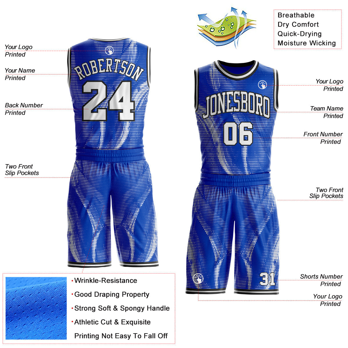 Custom Thunder Blue White-Black Gradient Dot Round Neck Sublimation Basketball Uniform Jersey view 2