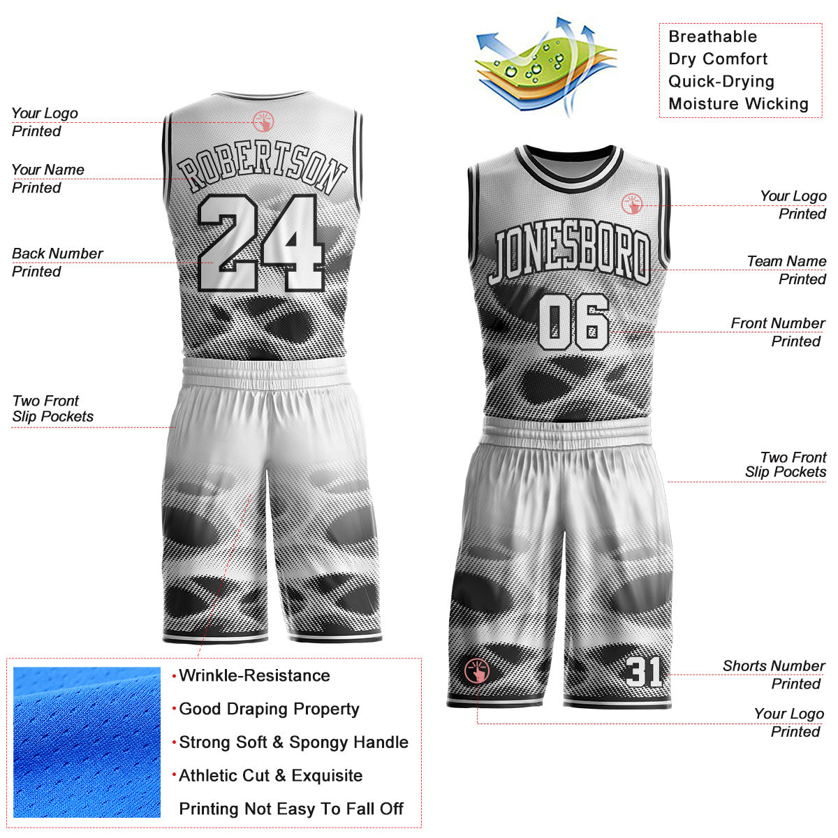 Custom White-Black Gradient Dot Round Neck Sublimation Basketball Uniform Jersey view 2
