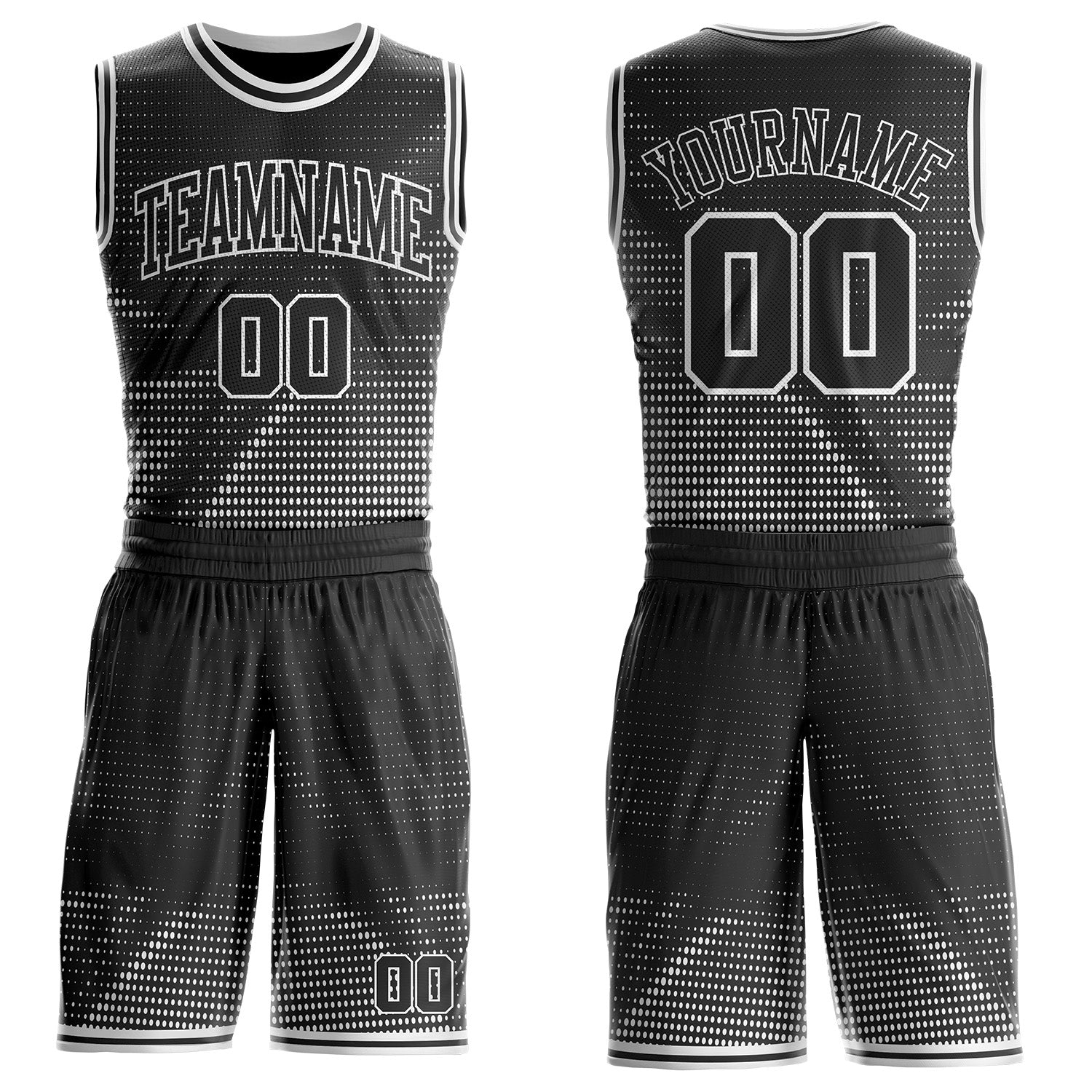 Custom Black-White Gradient Dot Round Neck Sublimation Basketball Uniform Jersey - Main View