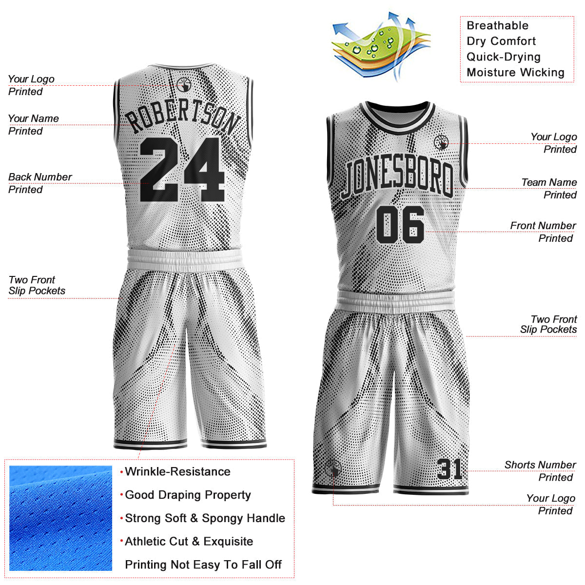 Custom White-Black Gradient Dot Round Neck Sublimation Basketball Uniform Jersey view 2