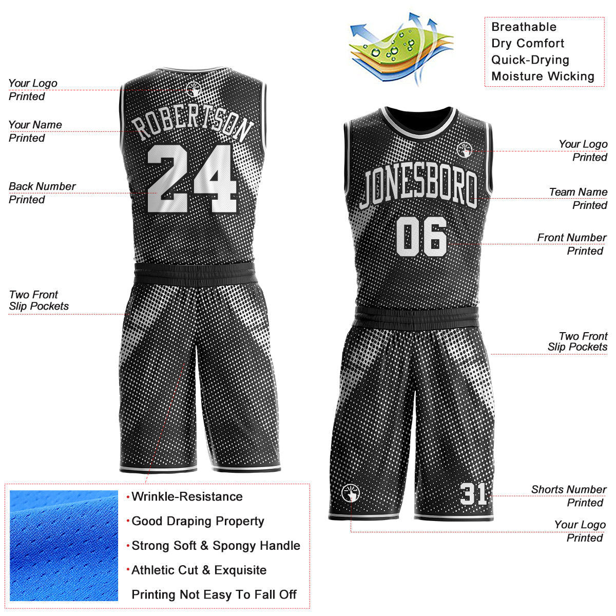 Custom Black-White Gradient Dot Round Neck Sublimation Basketball Uniform Jersey view 2