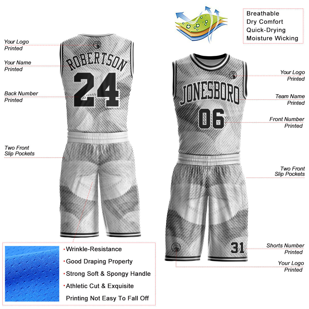 Custom White-Black Gradient Dot Round Neck Sublimation Basketball Uniform Jersey view 2
