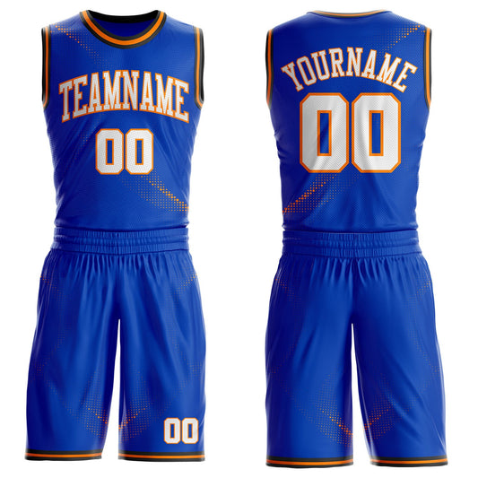 Custom Thunder Blue White Bay Orange-Black Gradient Dot Round Neck Sublimation Basketball Uniform Jersey - Main View