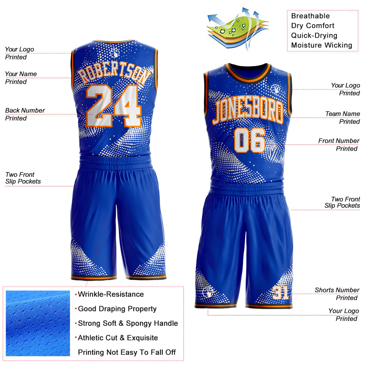Custom Thunder Blue White Bay Orange-Black Gradient Dot Round Neck Sublimation Basketball Uniform Jersey view 2