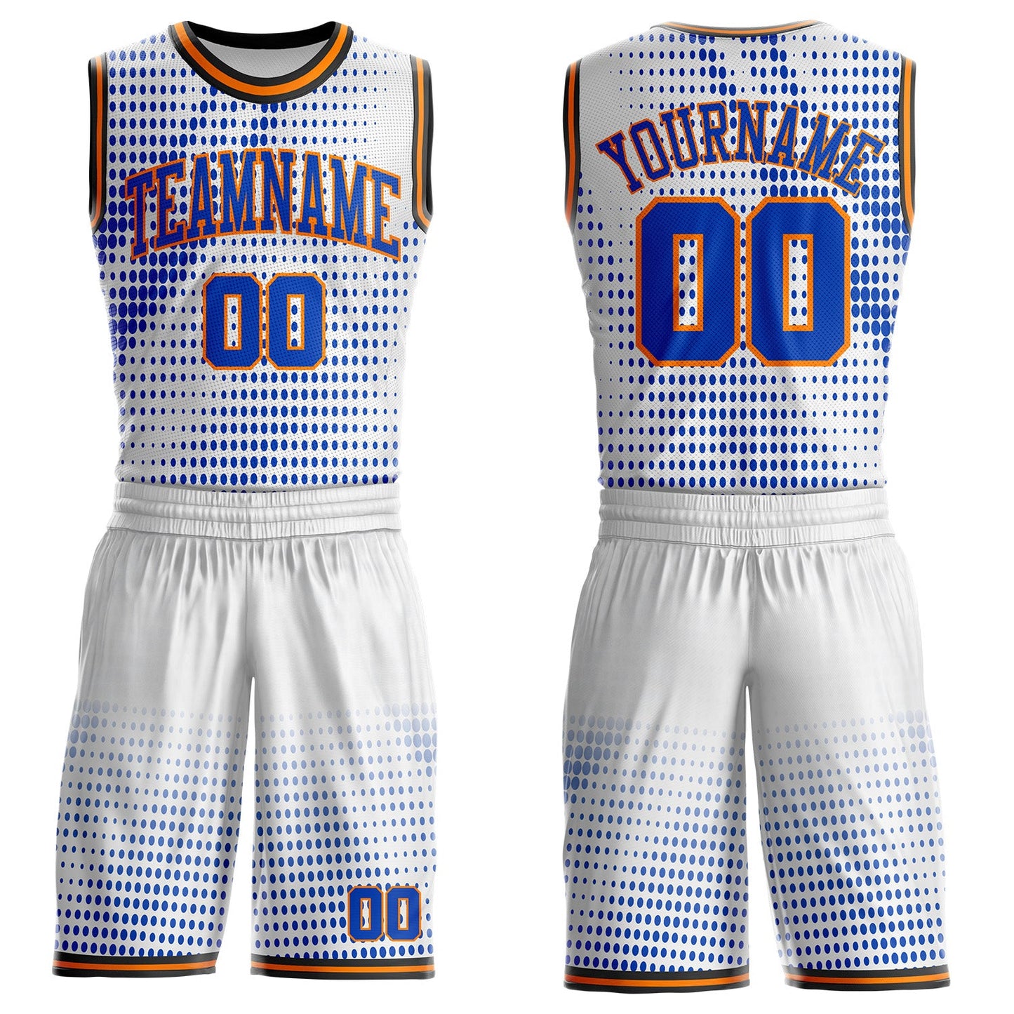 Custom White Thunder Blue Bay Orange-Black Gradient Dot Round Neck Sublimation Basketball Uniform Jersey - Main View