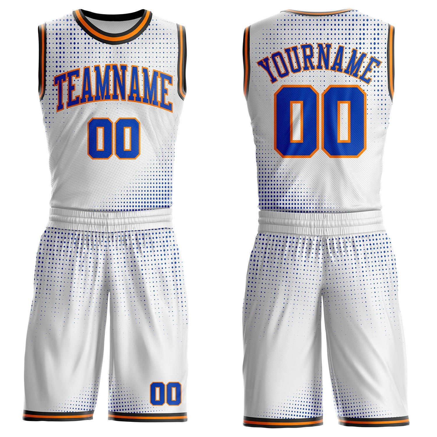 Custom White Thunder Blue Bay Orange-Black Gradient Dot Round Neck Sublimation Basketball Uniform Jersey - Main View