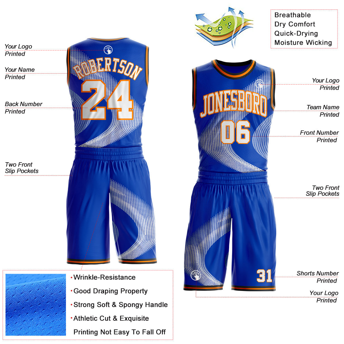 Custom Thunder Blue White Bay Orange-Black Gradient Dot Swirl Round Neck Sublimation Basketball Uniform Jersey view 2