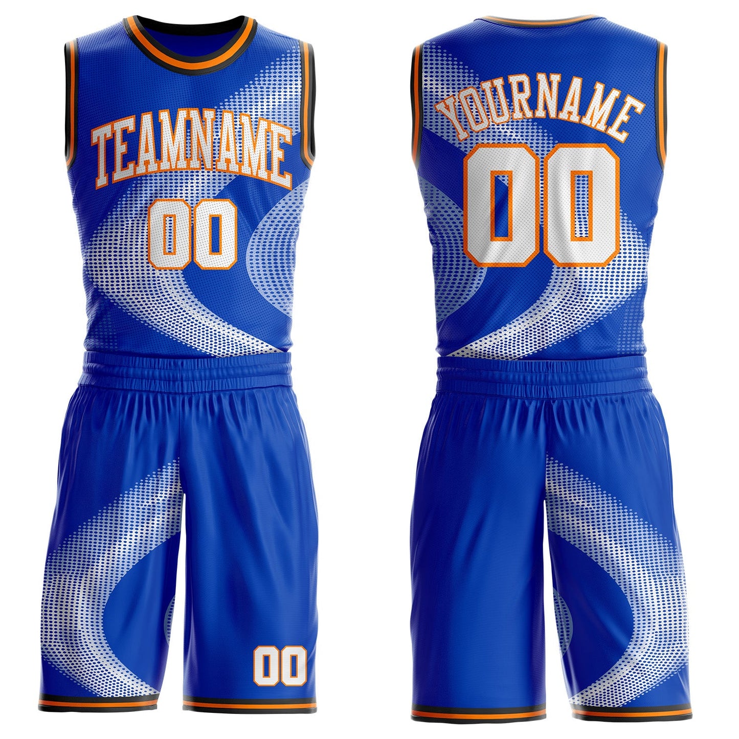 Custom Thunder Blue White Bay Orange-Black Gradient Dot Swirl Round Neck Sublimation Basketball Uniform Jersey - Main View
