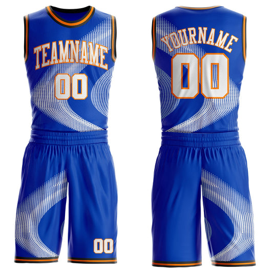 Custom Thunder Blue White Bay Orange-Black Gradient Dot Swirl Round Neck Sublimation Basketball Uniform Jersey - Main View