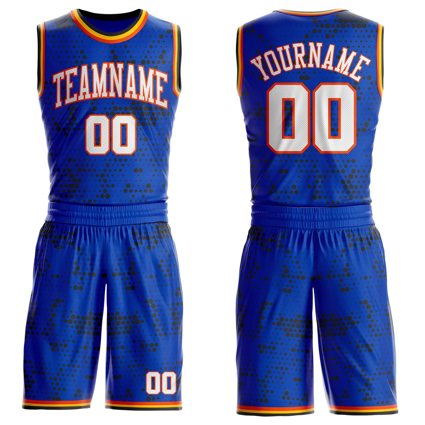 Custom Thunder Blue White Orange Black-Yellow Gradient Dot Round Neck Sublimation Basketball Uniform Jersey - Main View