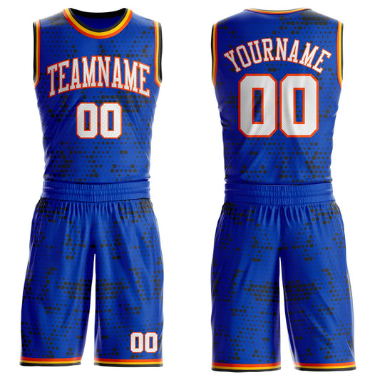 Custom Thunder Blue White Orange Black-Yellow Gradient Dot Round Neck Sublimation Basketball Uniform Jersey - Main View