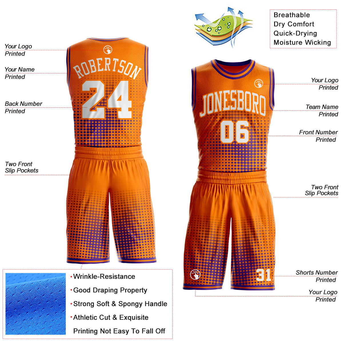 Custom Bay Orange White-Purple Gradient Dot Round Neck Sublimation Basketball Uniform Jersey view 2