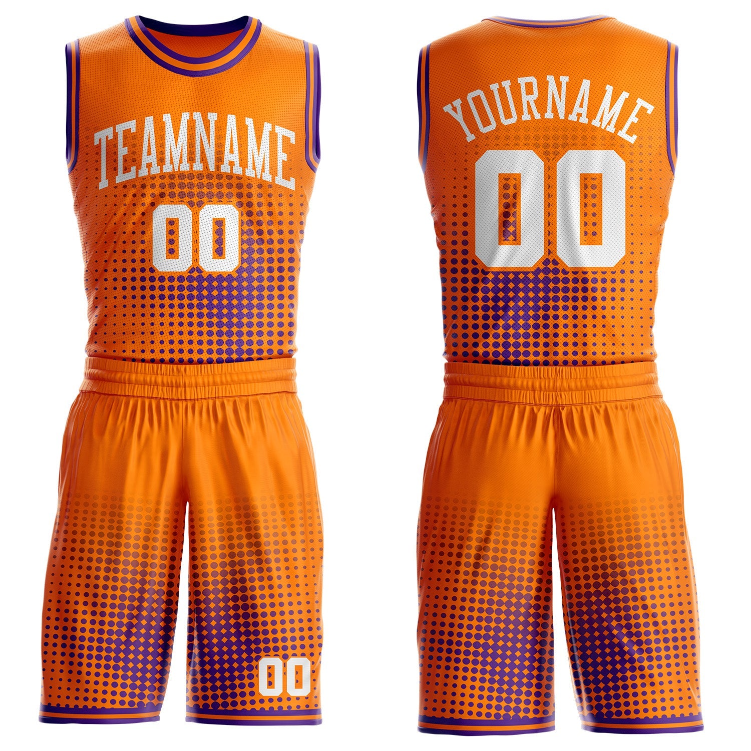 Custom Bay Orange White-Purple Gradient Dot Round Neck Sublimation Basketball Uniform Jersey - Main View