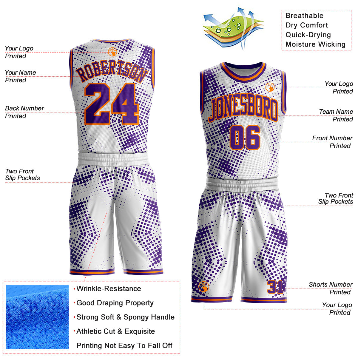 Custom White Purple-Bay Orange Gradient Dot Round Neck Sublimation Basketball Uniform Jersey view 2
