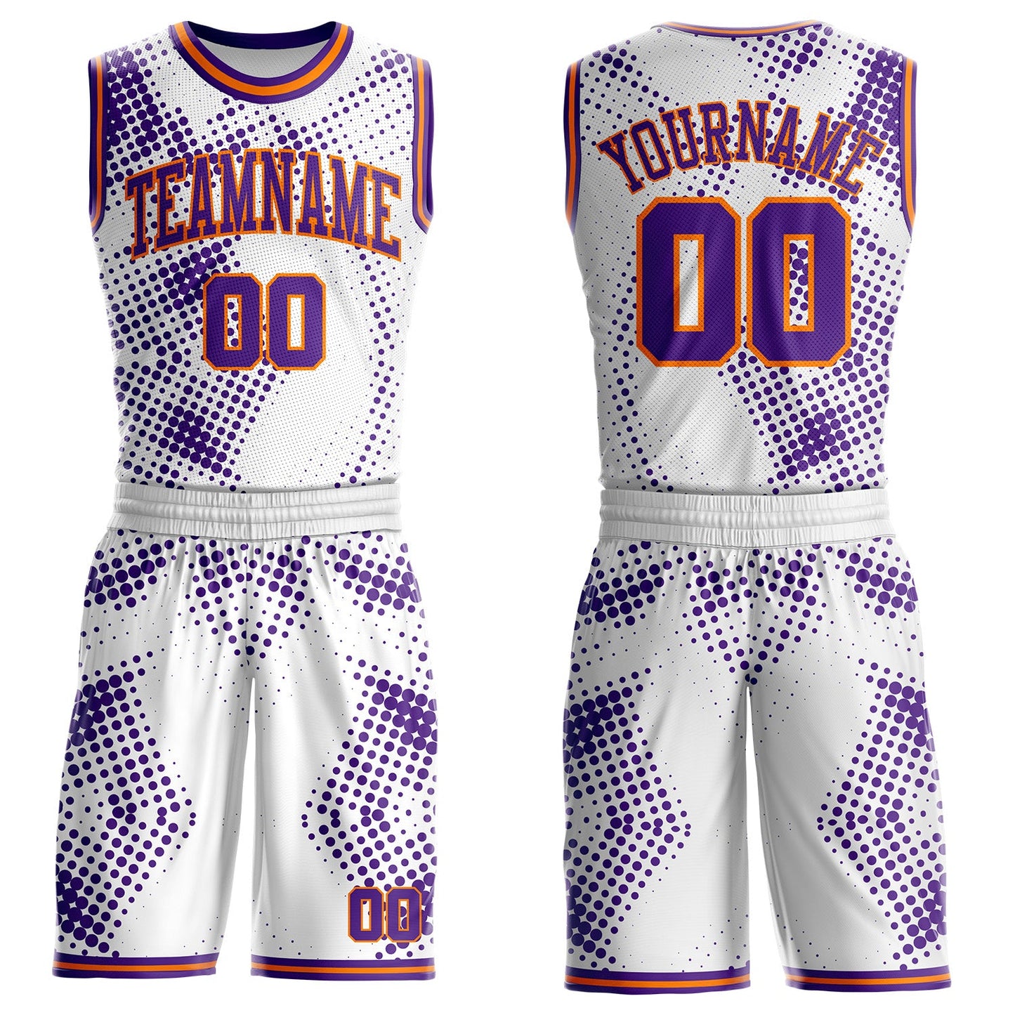Custom White Purple-Bay Orange Gradient Dot Round Neck Sublimation Basketball Uniform Jersey - Main View