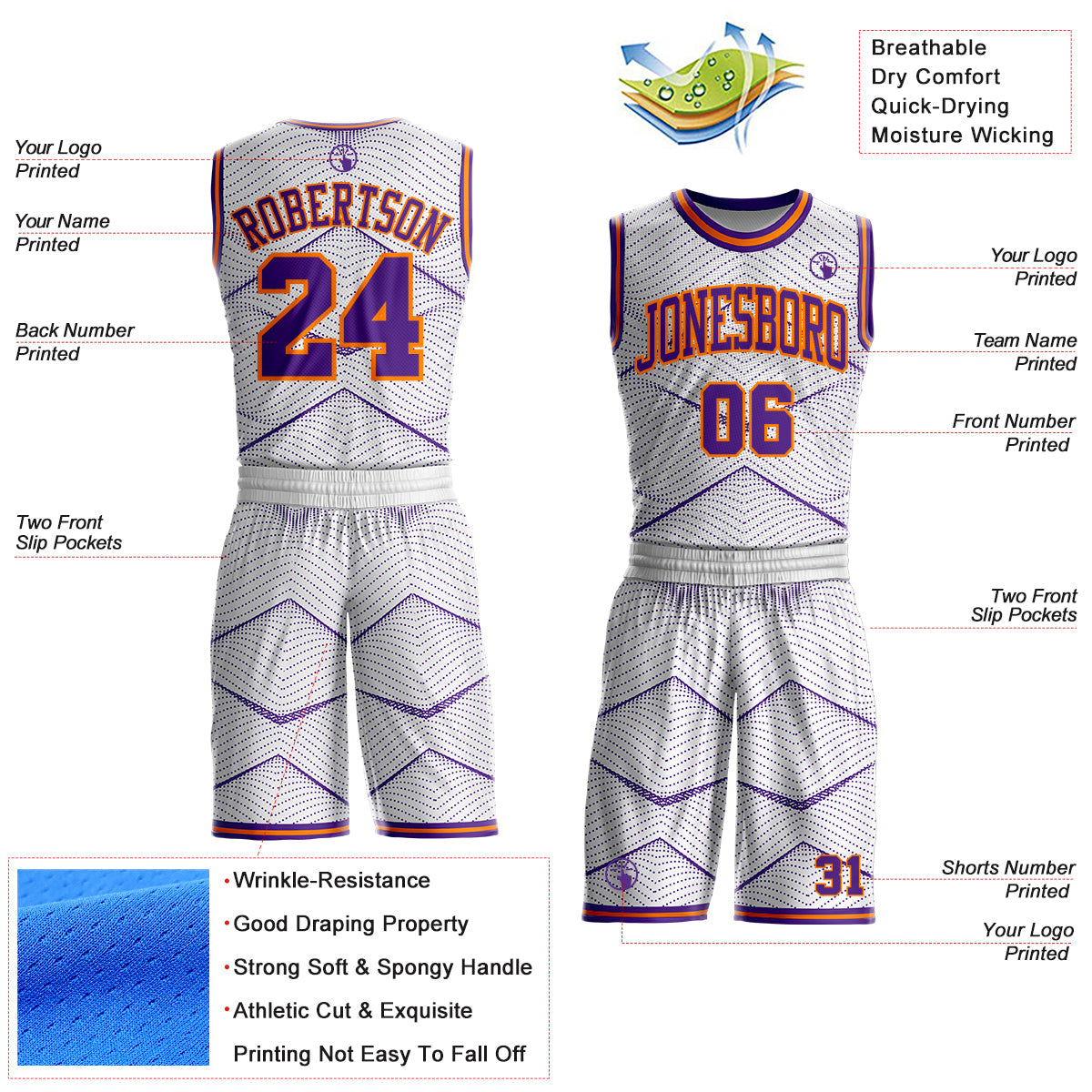 Custom White Purple-Bay Orange Gradient Dot Geometric Round Neck Sublimation Basketball Uniform Jersey view 2