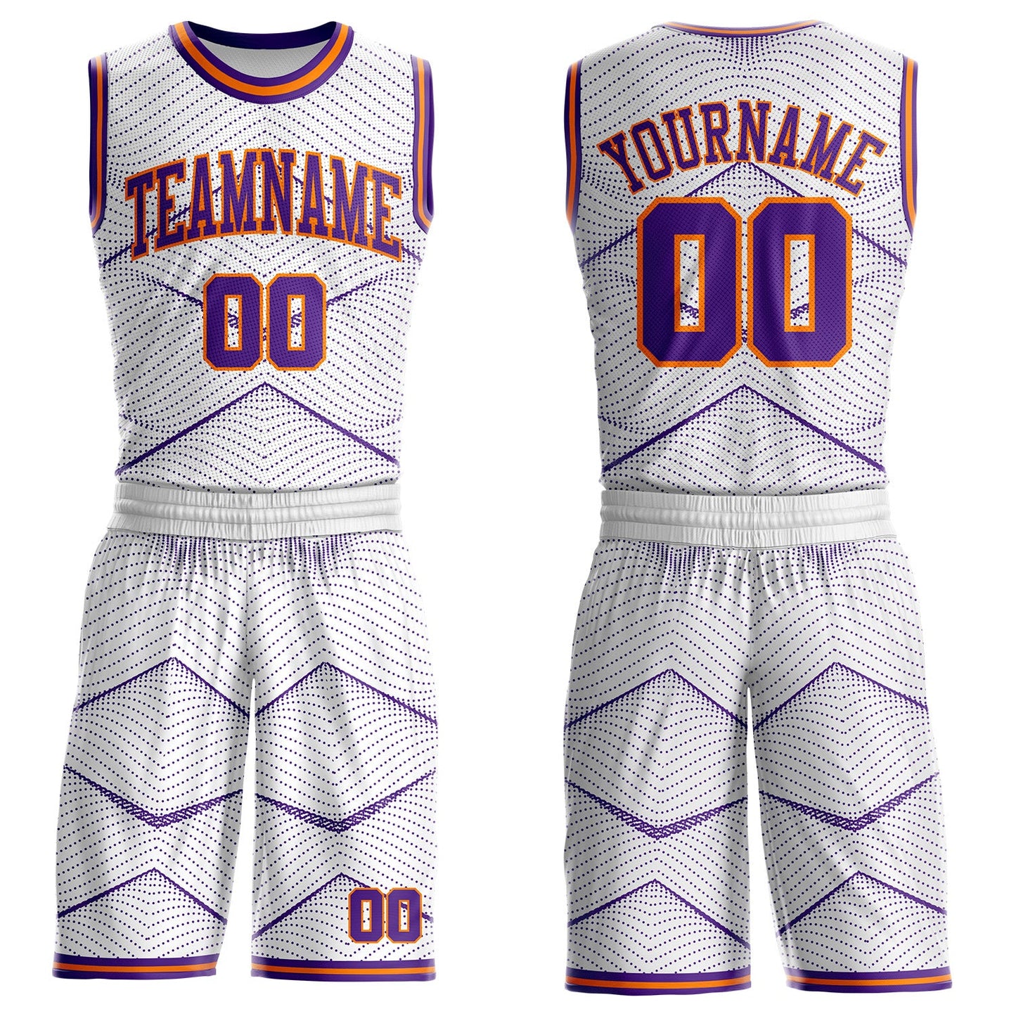 Custom White Purple-Bay Orange Gradient Dot Geometric Round Neck Sublimation Basketball Uniform Jersey - Main View