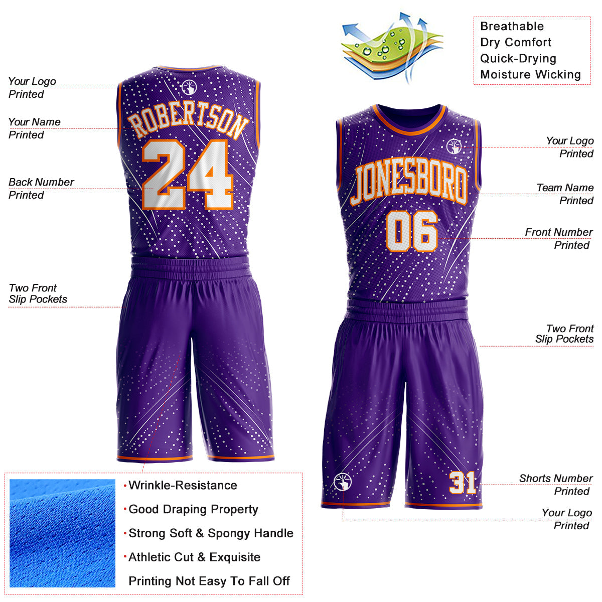 Custom Purple White-Bay Orange Gradient Dot Round Neck Sublimation Basketball Uniform Jersey view 2