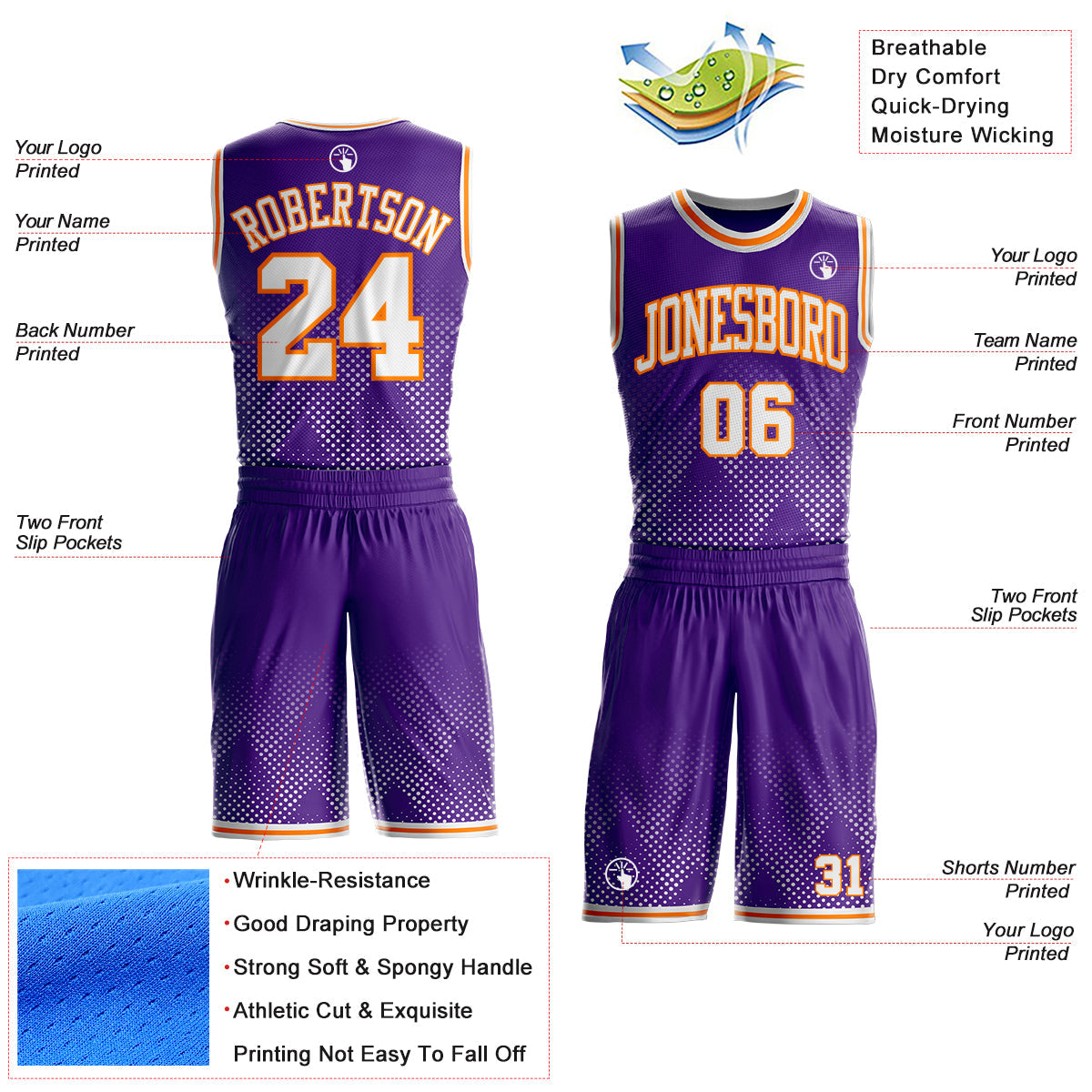 Custom Purple White-Bay Orange Gradient Dot Round Neck Sublimation Basketball Uniform Jersey view 2