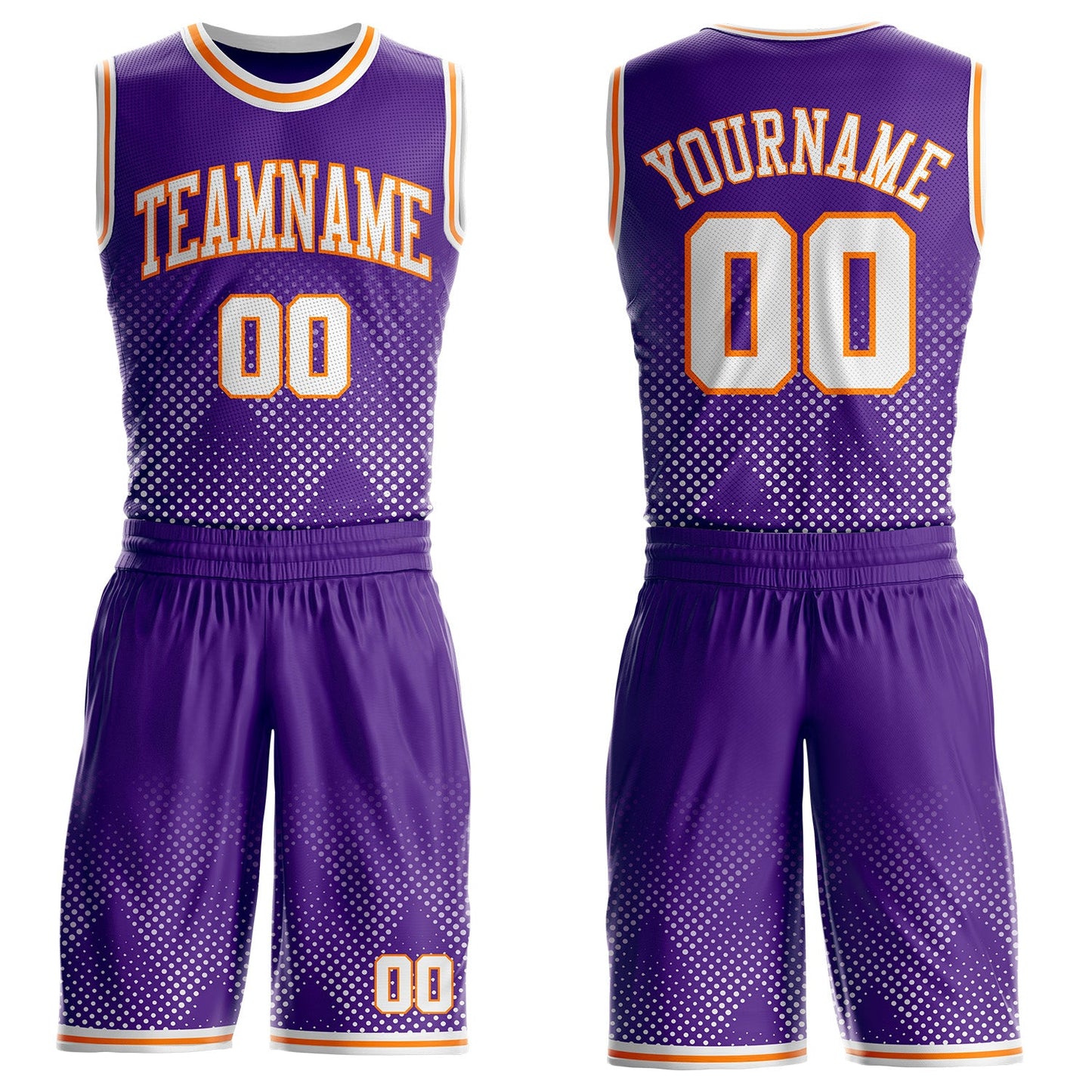 Custom Purple White-Bay Orange Gradient Dot Round Neck Sublimation Basketball Uniform Jersey - Main View