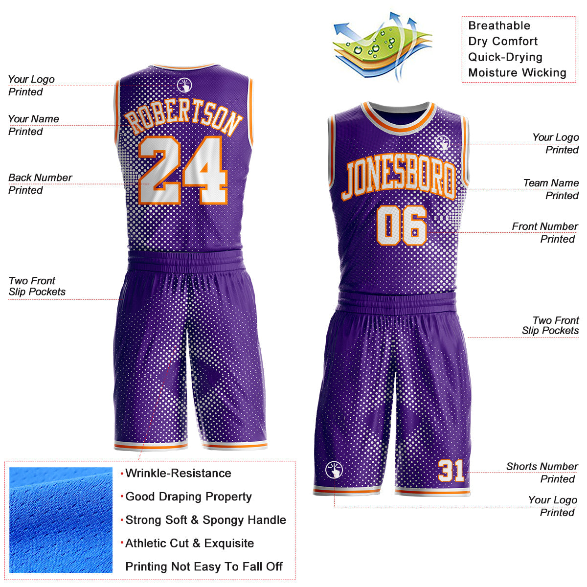 Custom Purple White-Bay Orange Gradient Dot Round Neck Sublimation Basketball Uniform Jersey view 2