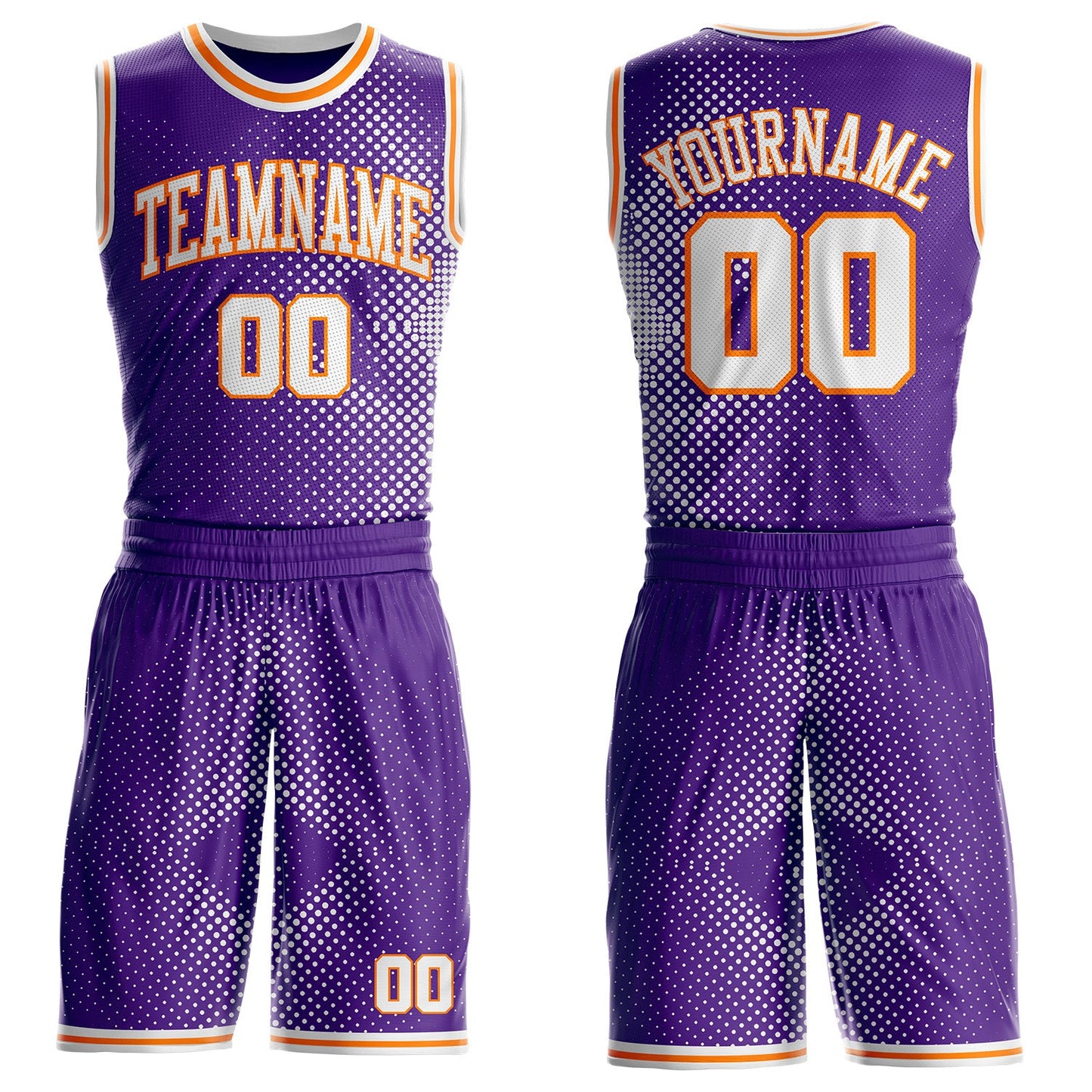 Custom Purple White-Bay Orange Gradient Dot Round Neck Sublimation Basketball Uniform Jersey - Main View