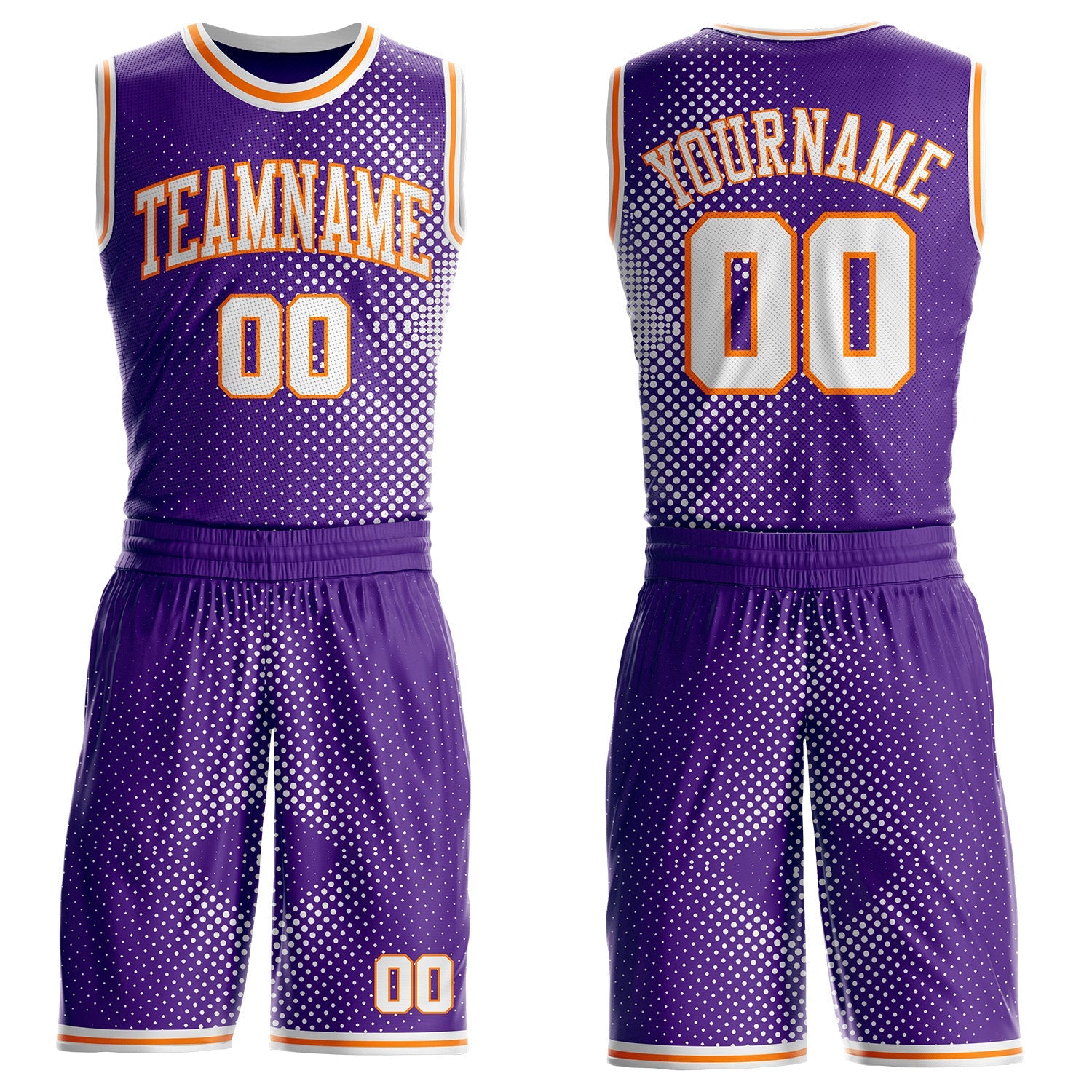 Custom Purple White-Bay Orange Gradient Dot Round Neck Sublimation Basketball Uniform Jersey - Main View