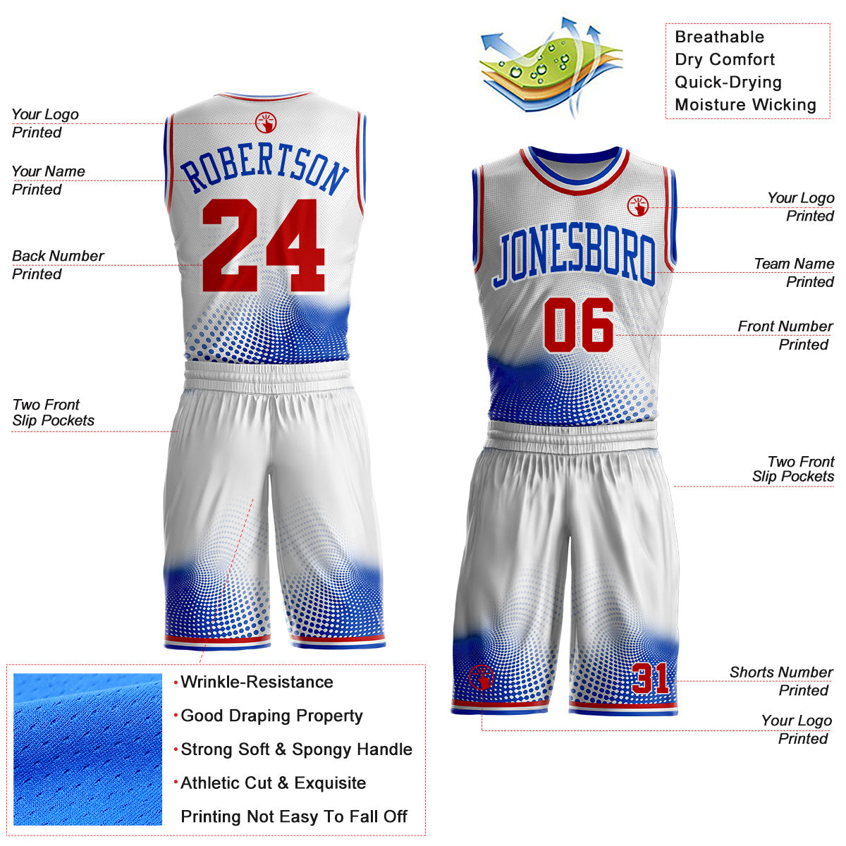 Custom White Red-Thunder Blue Gradient Dot Round Neck Sublimation Basketball Uniform Jersey view 2