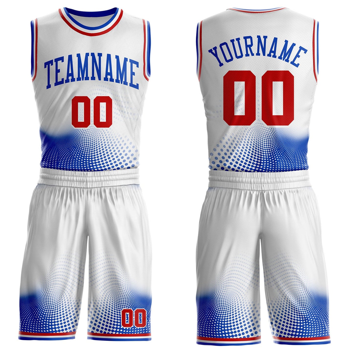 Custom White Red-Thunder Blue Gradient Dot Round Neck Sublimation Basketball Uniform Jersey - Main View