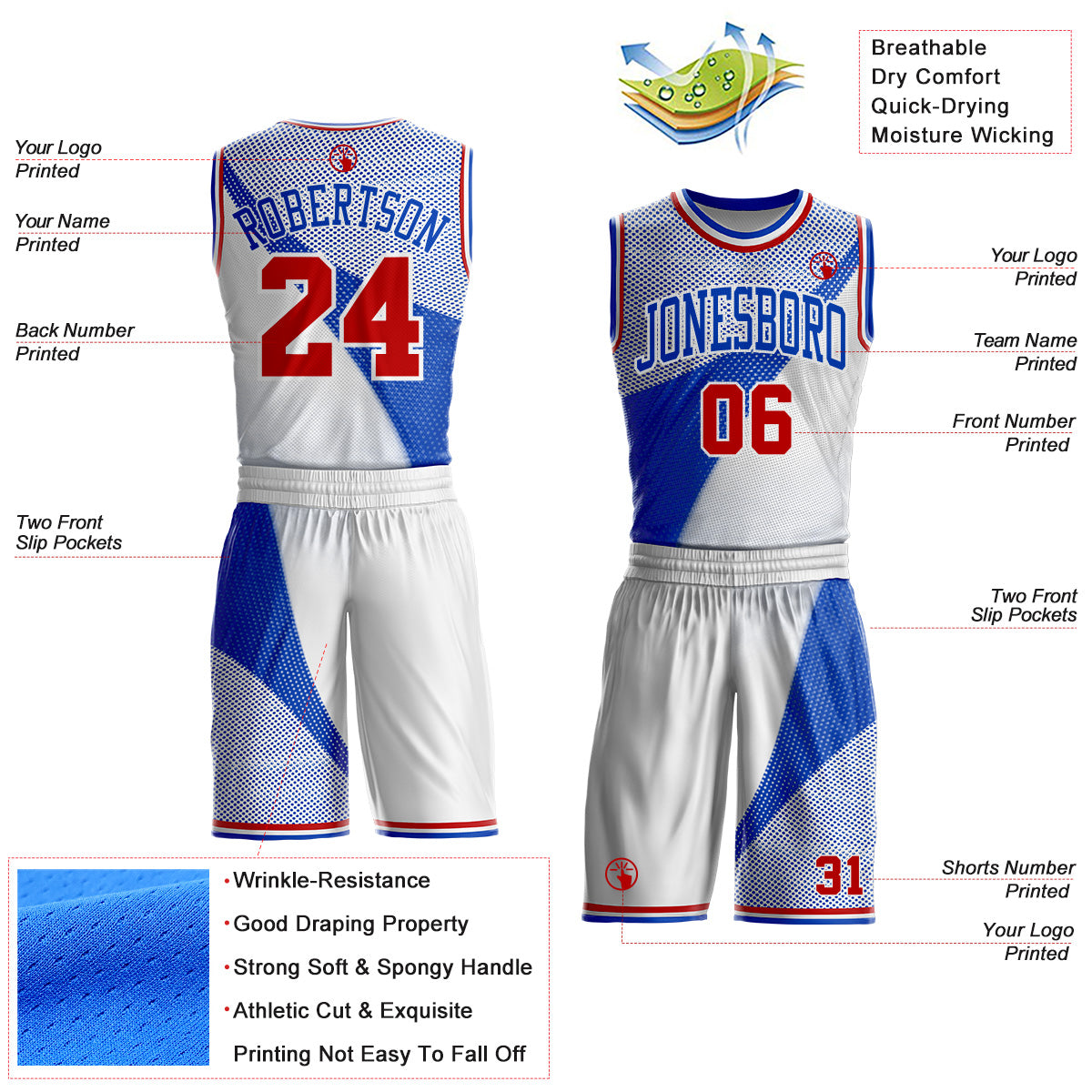 Custom White Red-Thunder Blue Gradient Dot Round Neck Sublimation Basketball Uniform Jersey view 2
