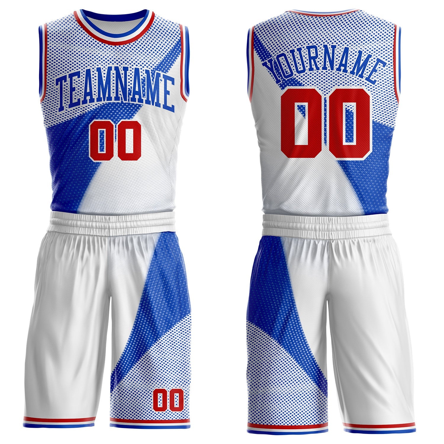 Custom White Red-Thunder Blue Gradient Dot Round Neck Sublimation Basketball Uniform Jersey - Main View