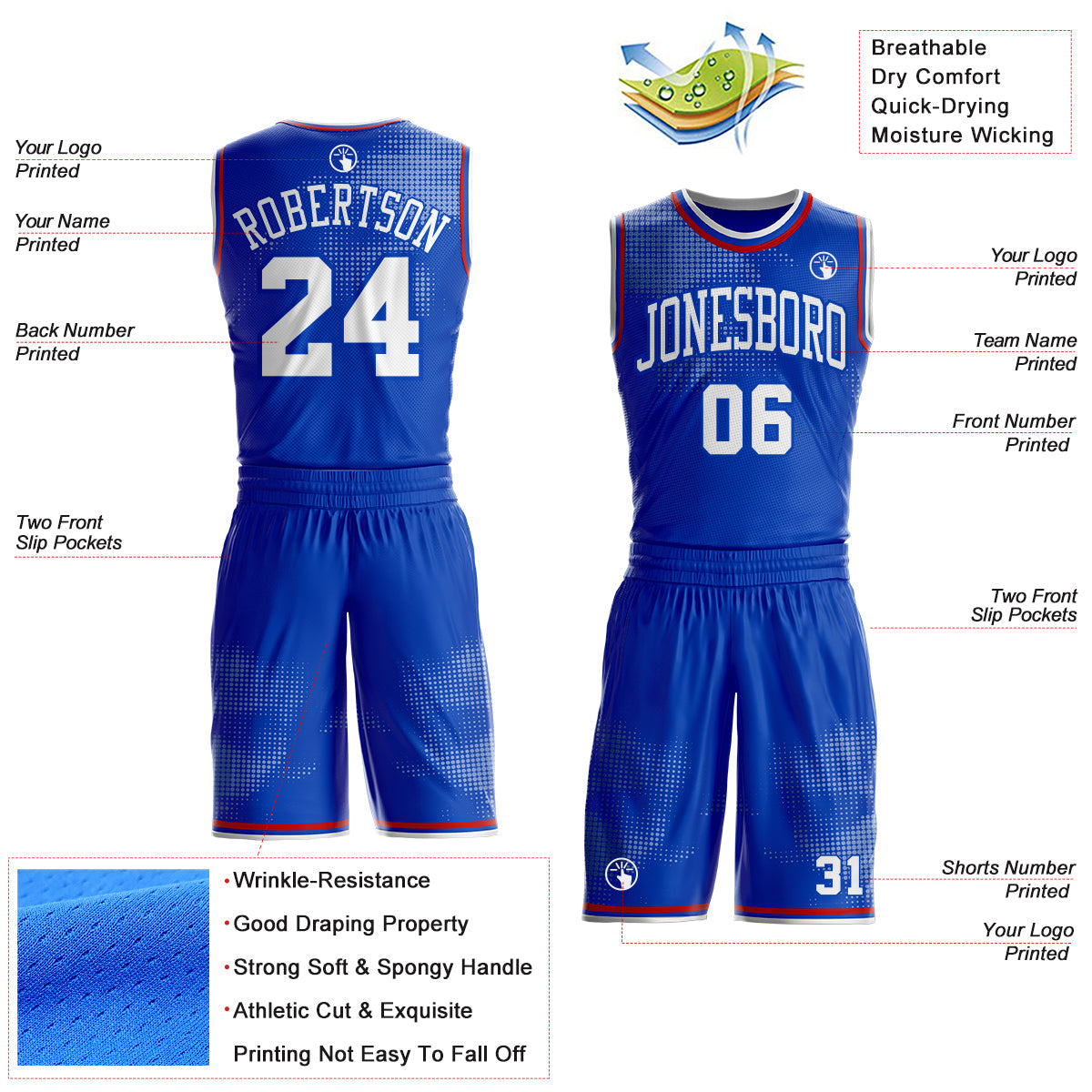 Custom Thunder Blue White-Red Gradient Dot Round Neck Sublimation Basketball Uniform Jersey view 2