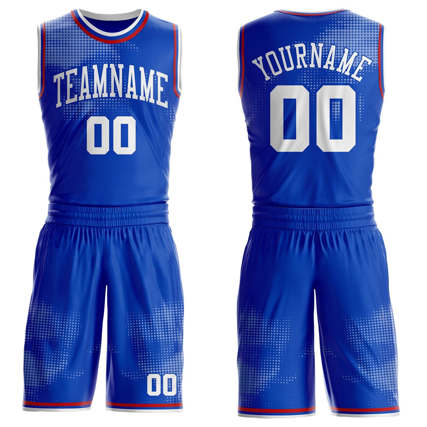 Custom Thunder Blue White-Red Gradient Dot Round Neck Sublimation Basketball Uniform Jersey - Main View