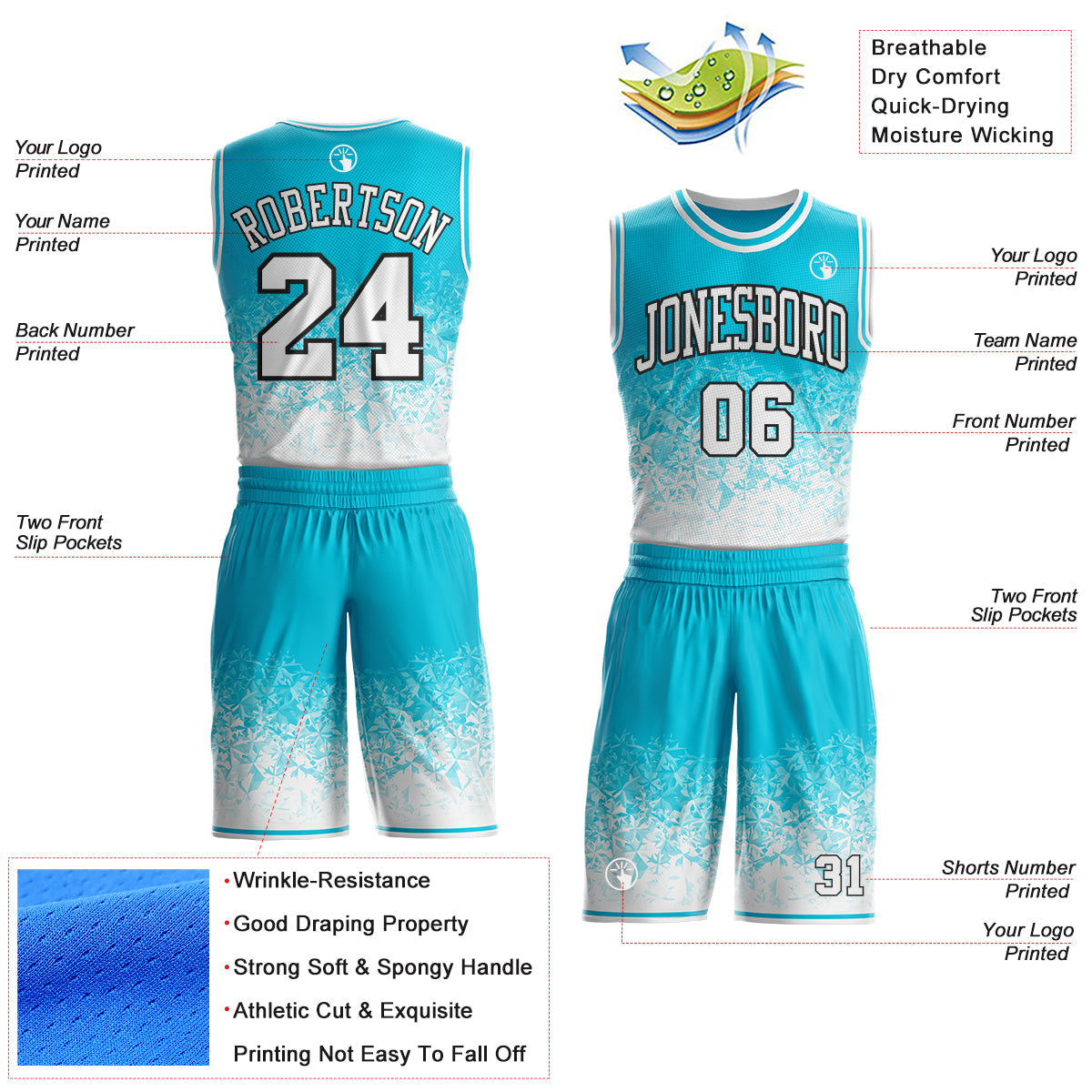 Custom Lakes Blue White-Black Ice Crystal Gradient Round Neck Sublimation Basketball Uniform Jersey view 2