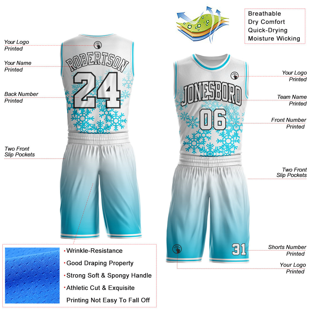 Custom White Lakes Blue-Black Winter Snowflake Gradient Round Neck Sublimation Basketball Uniform Jersey view 2