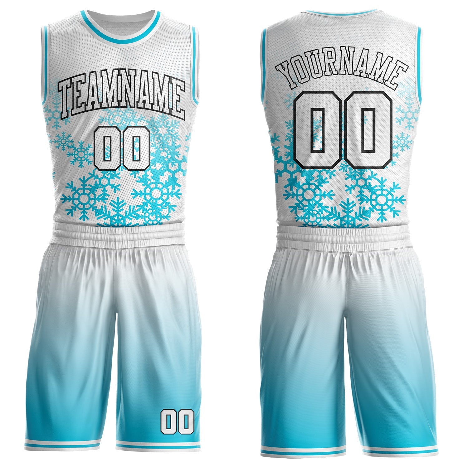 Custom White Lakes Blue-Black Winter Snowflake Gradient Round Neck Sublimation Basketball Uniform Jersey - Main View