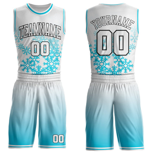 Custom White Lakes Blue-Black Winter Snowflake Gradient Round Neck Sublimation Basketball Uniform Jersey - Main View
