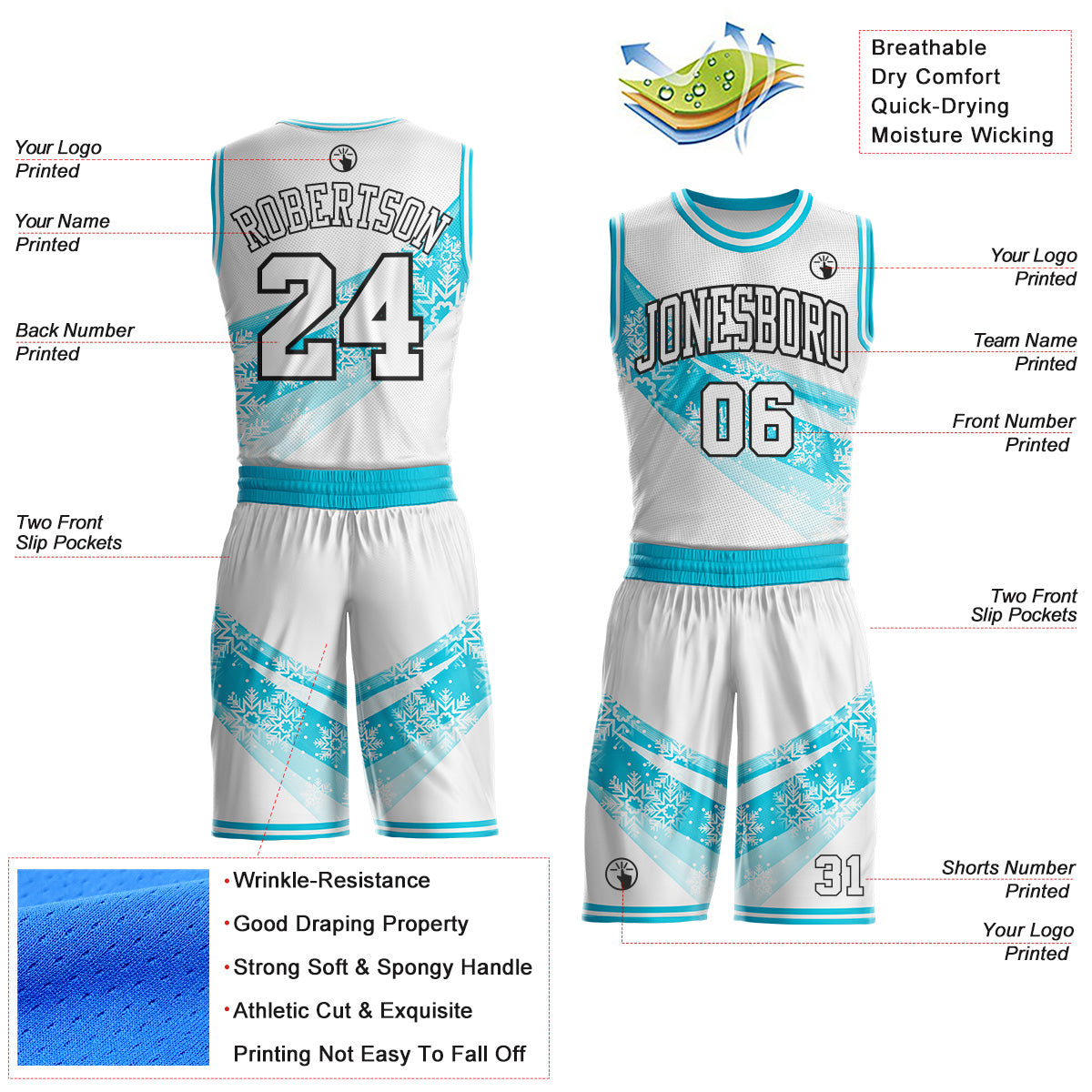 Custom White Lakes Blue-Black Winter Snowflake Gradient Round Neck Sublimation Basketball Uniform Jersey view 2