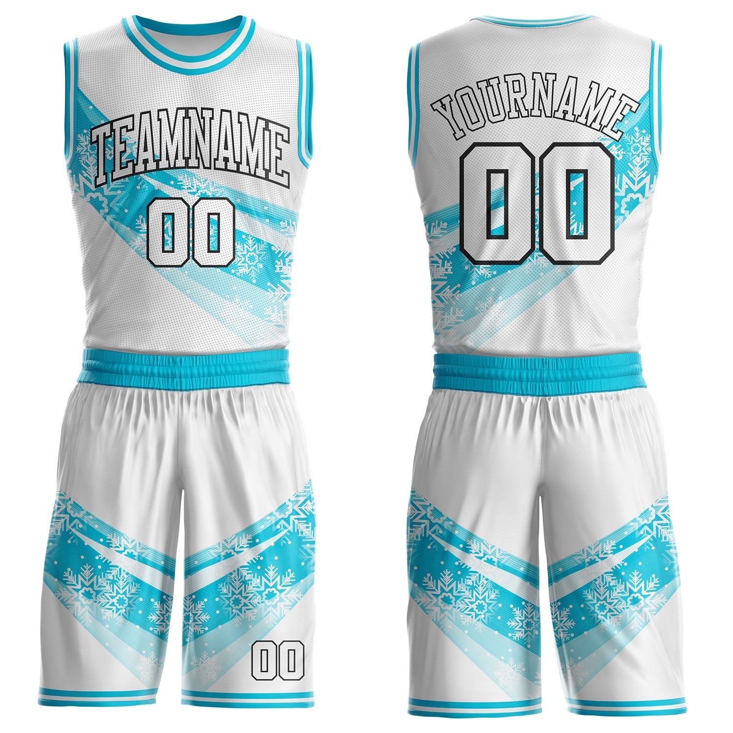 Custom White Lakes Blue-Black Winter Snowflake Gradient Round Neck Sublimation Basketball Uniform Jersey - Main View