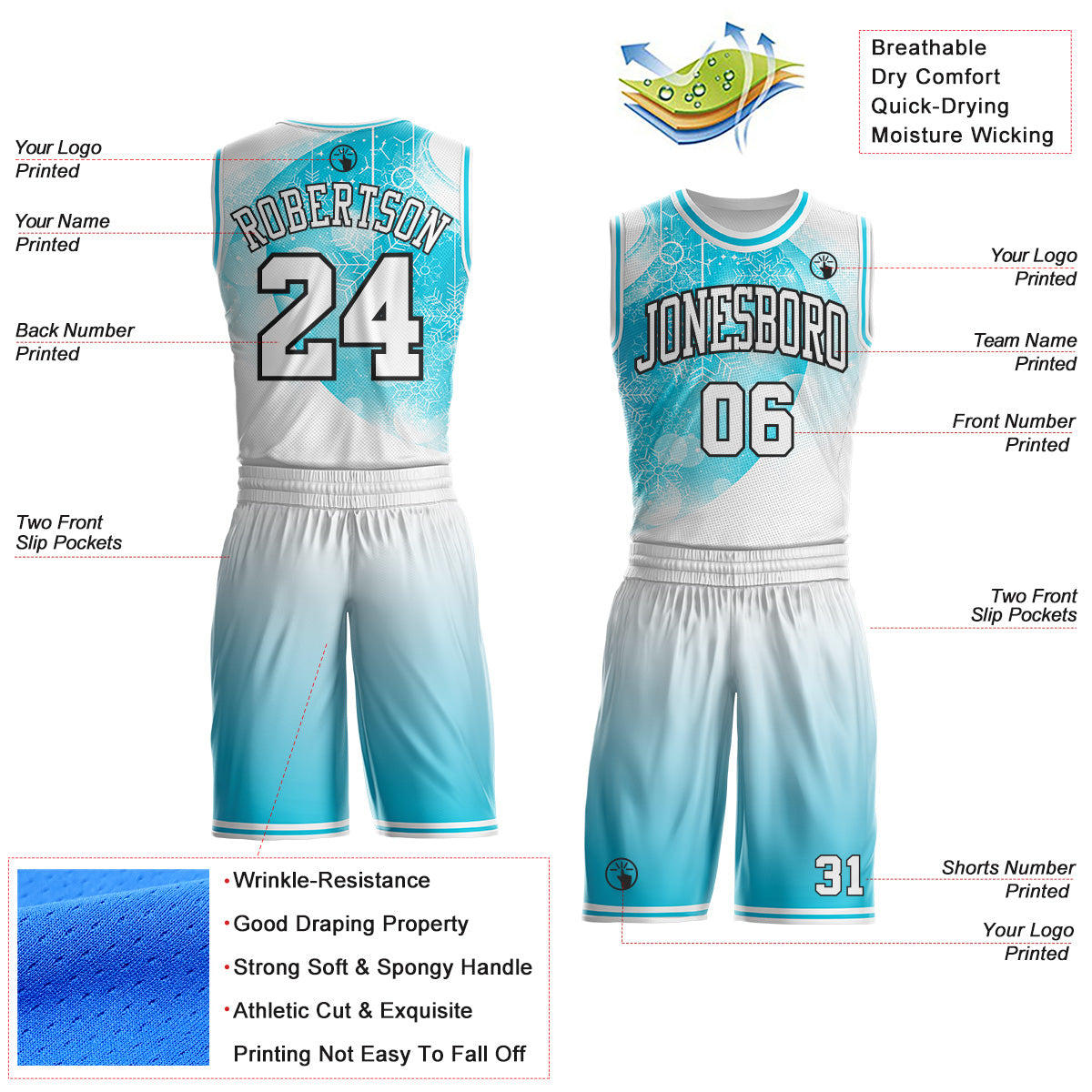Custom White Lakes Blue-Black Winter Snowflake Gradient Round Neck Sublimation Basketball Uniform Jersey view 2