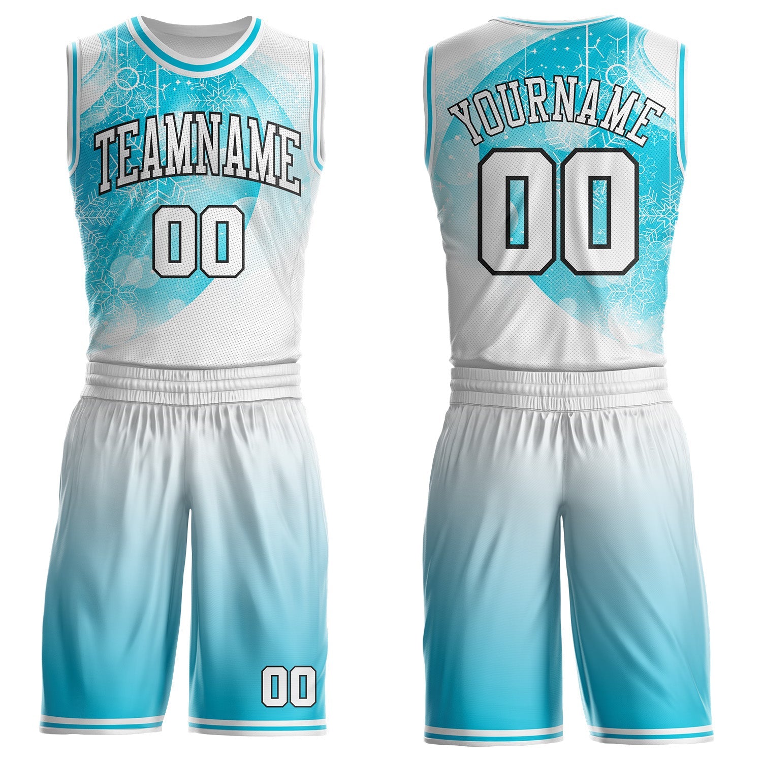 Custom White Lakes Blue-Black Winter Snowflake Gradient Round Neck Sublimation Basketball Uniform Jersey - Main View