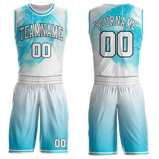 Custom White Lakes Blue-Black Winter Snowflake Gradient Round Neck Sublimation Basketball Uniform Jersey - Main View