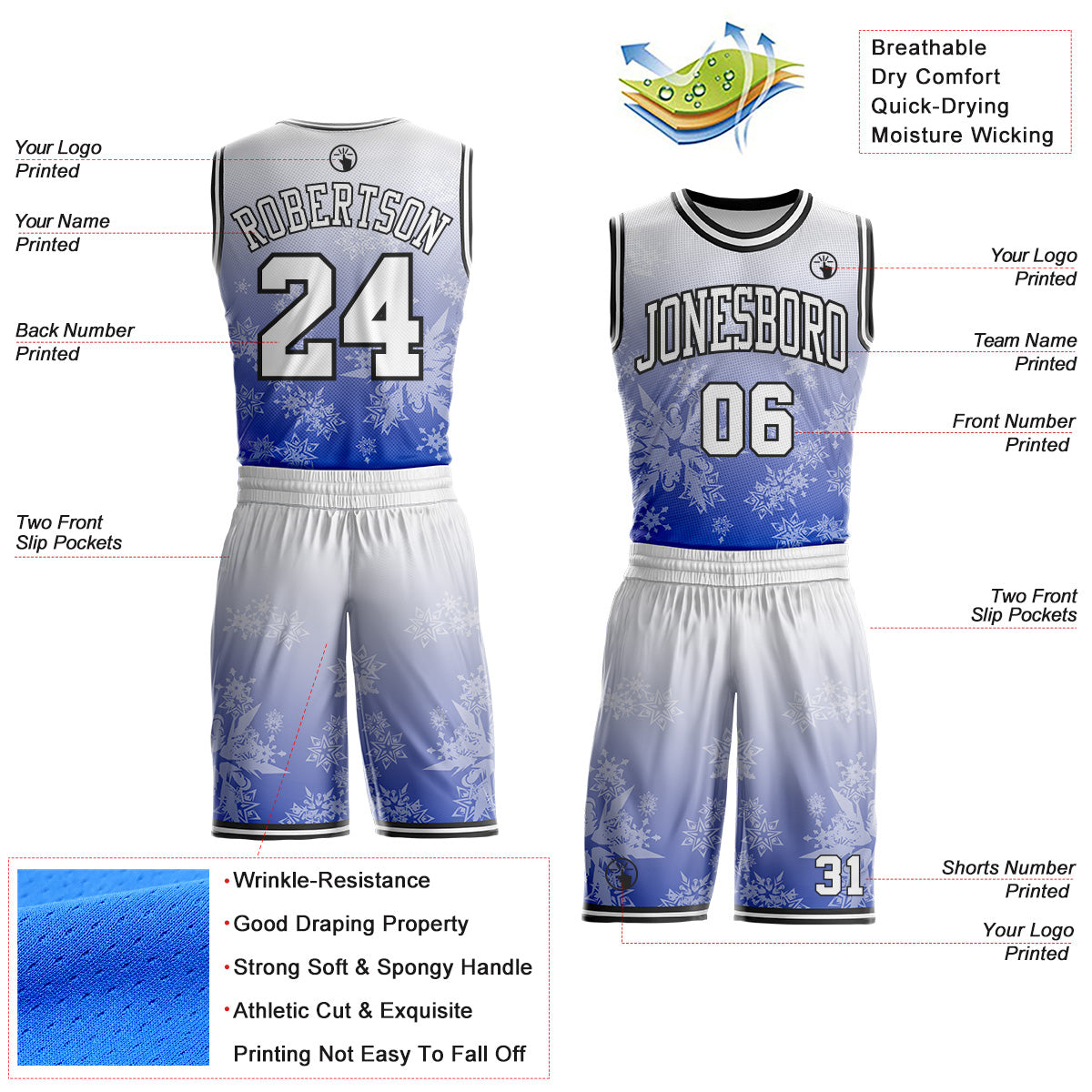 Custom White Blue-Black Winter Snowflake Gradient Round Neck Sublimation Basketball Uniform Jersey view 2