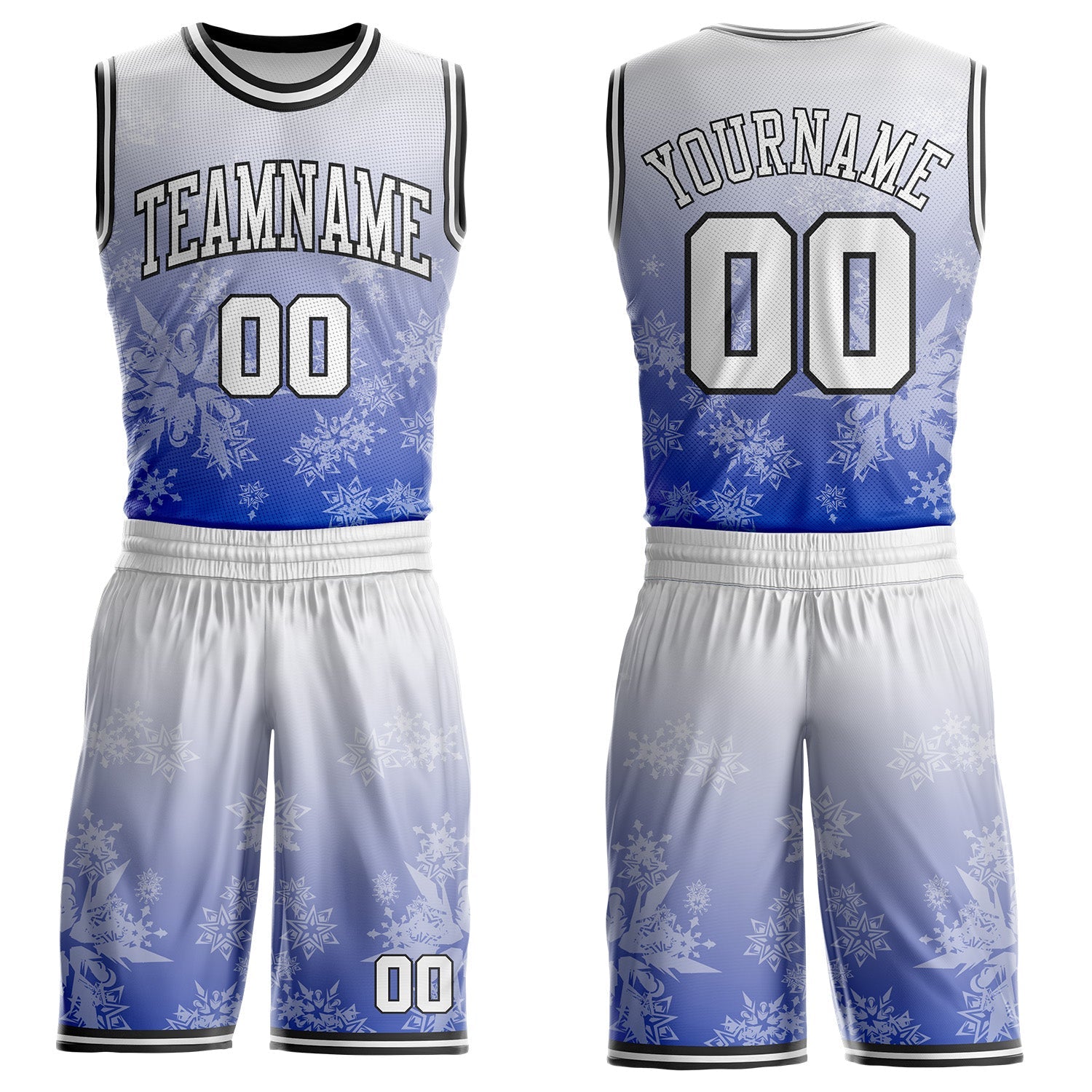Custom White Blue-Black Winter Snowflake Gradient Round Neck Sublimation Basketball Uniform Jersey - Main View