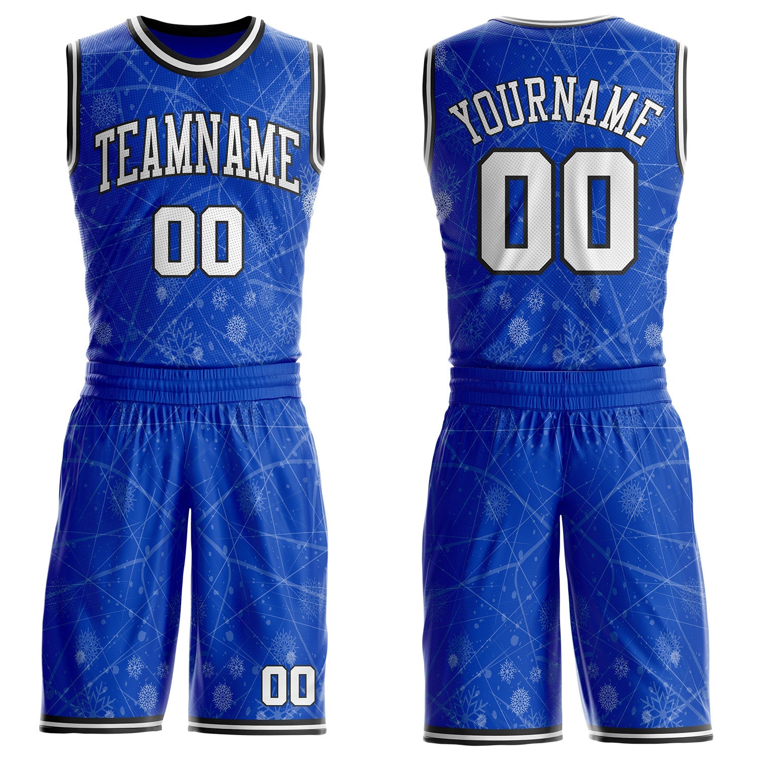 Custom Thunder Blue White-Black Winter Snowflake Gradient Round Neck Sublimation Basketball Uniform Jersey - Main View